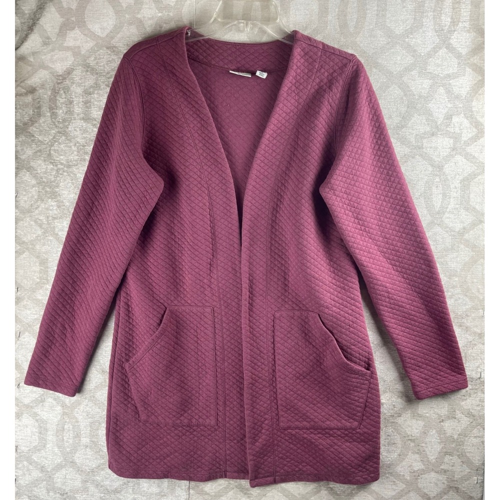 L.L.Bean Quilted Cardigan Women Medium Burgundy Open Front Cotton Blend 513197